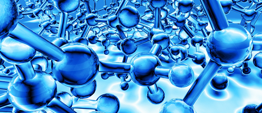 3D image of electric blue, glass molecular structures