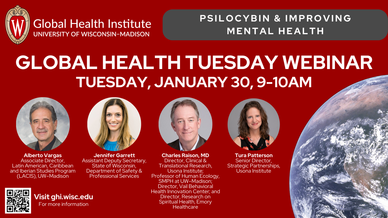 Poster for Global Health Institute Tuesday Webinar: "Psilocybin & Improving Mental Health"