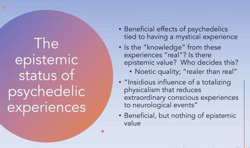 A slide from Franklin King's presentation titled "The epistemic status of psychedelic experiences"