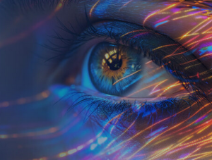image of human eye streaked with colorful wisps of light